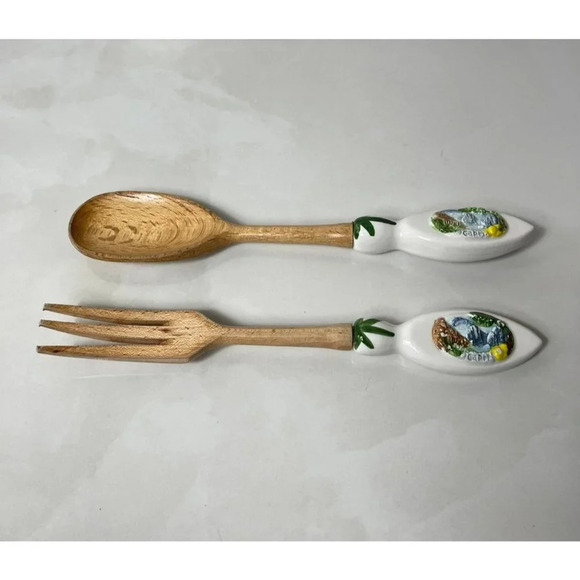 Italian Serving Salad Set Ceramics Handle Fork and Spoon Wooden Serving Utensil - Picture 1 of 5